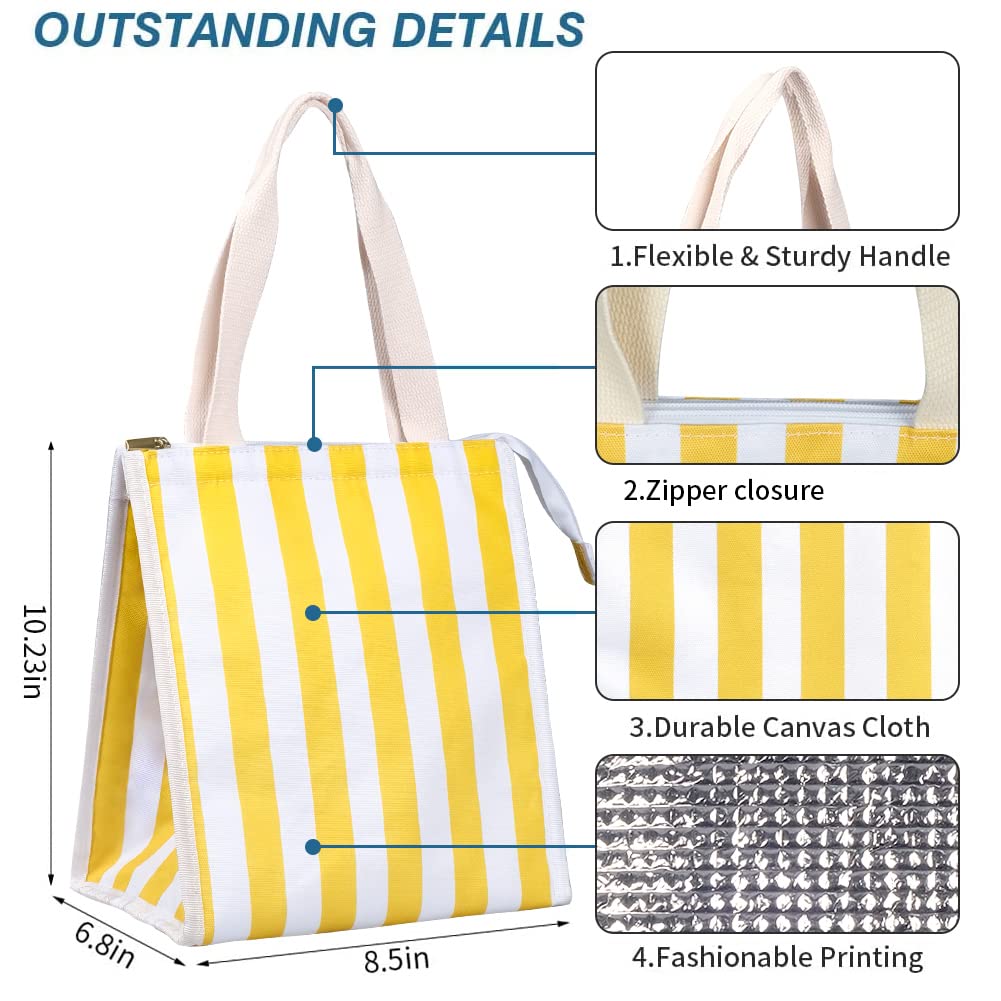 iknoe Borsa termica per il pranzo, per donne e adulti, 9 l, pieghevole, ampia apertura, con tasche, a tenuta stagna e portatile, per picnic, ufficio, spiaggia (striscia gialla)