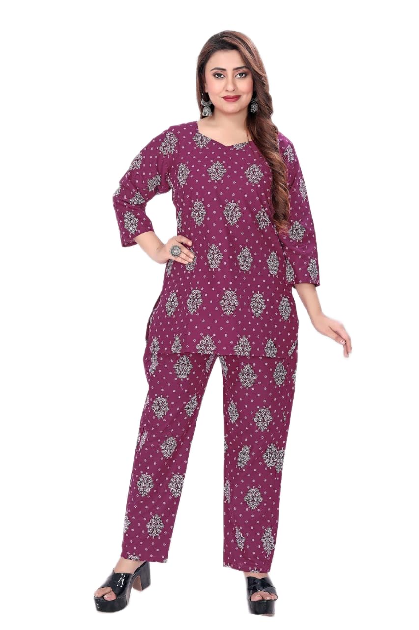 Women's Printed Co-ord Set, Purple, Floral Block Print, 3/4 Sleeve Top with Palazzo Pants-image-35