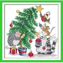 Printed Cross Stitch Kits 11CT 14X14 inch 100% Cotton Holiday Gift DIY Embroidery Starter Kits Easy Patterns Embroidery for Adults Crafts DMC Stamped Cross-Stitch Supplies Needlework Christmas Tree