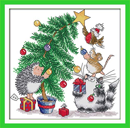 Printed Cross Stitch Kits 11CT 14X14 inch 100% Cotton Holiday Gift DIY Embroidery Starter Kits Easy Patterns Embroidery for Girls Crafts DMC Stamped Cross-Stitch Supplies Needlework Christmas Tree