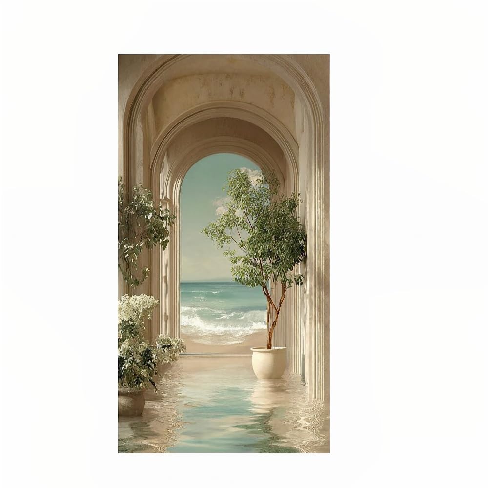 GKUVBF Tableau sur toile représentant une arche de plage moderne, avec une végétation luxuriante et une vue sur l'océan. Décoration intérieure. Impression sur toile (60 x 120 cm/cadre intérieur).