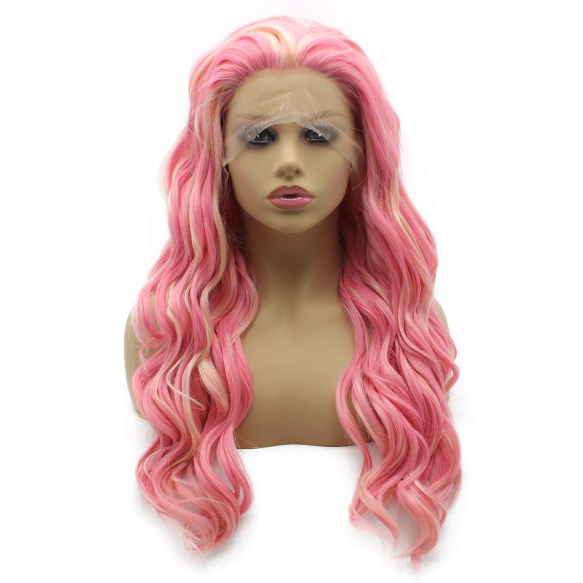 iwonawig Iewig Long Wavy Pink Swiss Lace Front Wig Heat Resistant Synthetic Front Lace Half Hand Tied