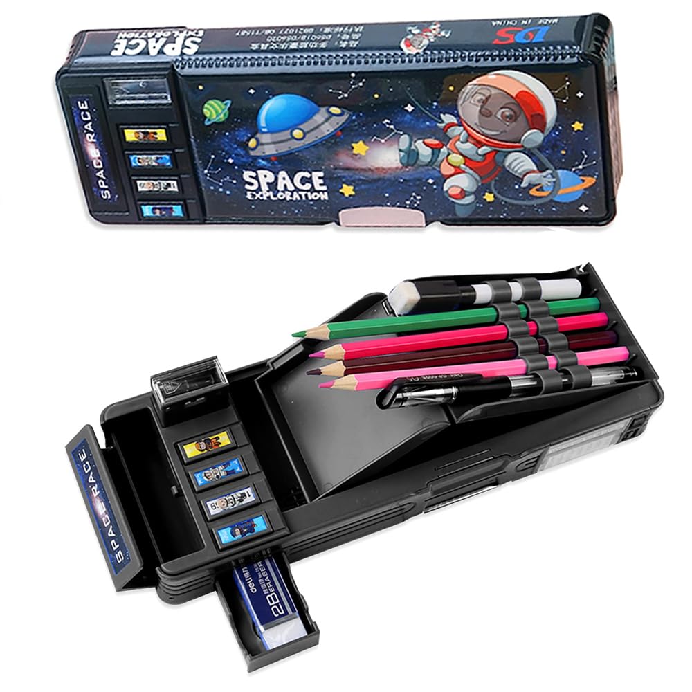 Azonee Pop Up Astronaut Pencil Case for Kids, Multifunction Stationery Organizer Box for Boys, Double-Sided Pencil Case, Cute Cartoon Pen Box Organizer Stationery with Sharpener, Schedule, Whiteboard