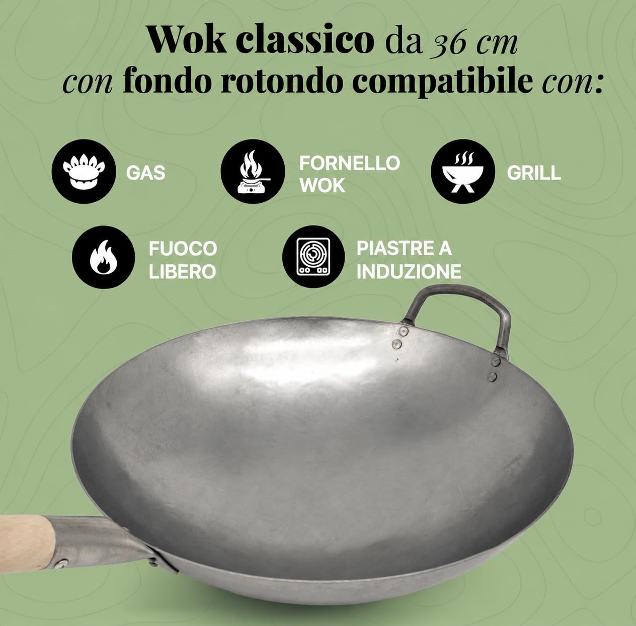 Homira Wok 36 cm in Acciaio al Carbonio, Martellato a Mano, Fondo Rotondo e Manico in Legno, Padella Wok Tradizionale Senza PFAS per Fornelli a Gas, Bruciatore Wok, Barbecue e Outdoor
