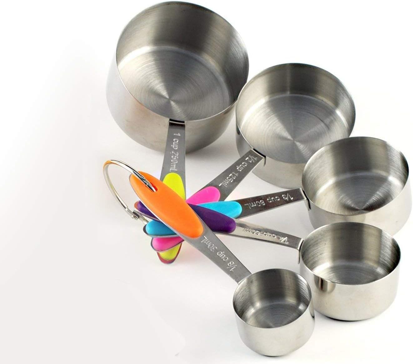 Set di Misurini di 10 Pezzi in Acciaio Inox, 5 Misurini di Tazze e 5 Misurini Cucchiai con 2 O-Tipo Anelli, i Manici in Silicone, Lavabile in Lavastoviglie, Utensile Perfetto da Cucina