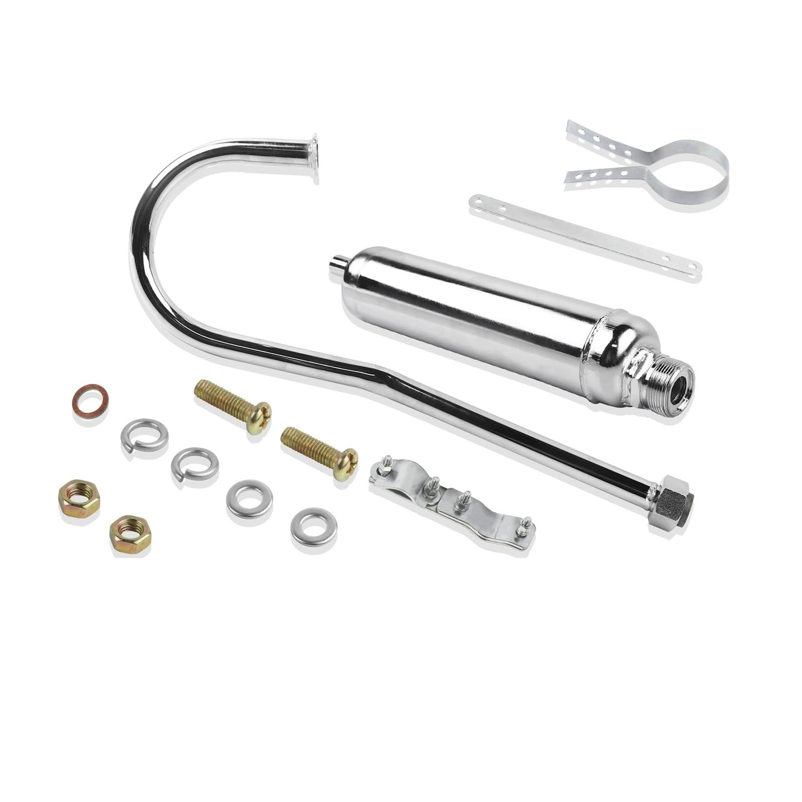 Motorrad Auspuffrohr Schalldämpfer Motorisierter Fahrrad-Auspuffschalldämpfer Für 49cc 50cc 60cc 66cc 80cc 2-Takt-Motor, Fahrrad, Motorrad, Schalldämpfer, Silber