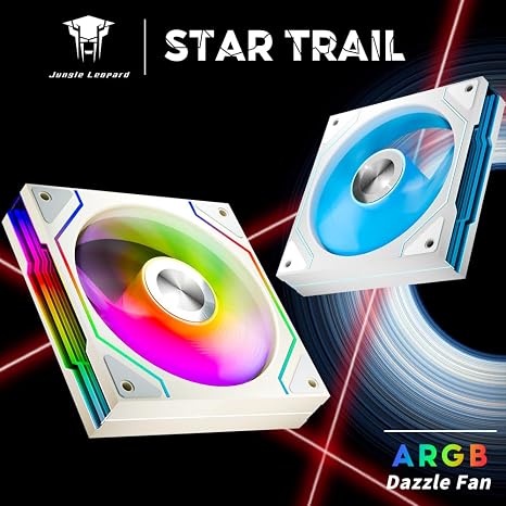 Jungle Leopard Star Trall ARGB コンピューターリバースブレードケースファン、両面インフィニティミラーデザイン冷却ファン、120mm CPUケースファン PWM 800~1850RPM 58.36CFM HDB PCケースファン ホワイトリバース-1パック