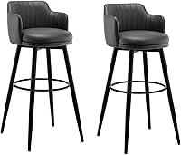 Vista 8 de Juego de 2 taburetes de bar giratorios modernos con Brazos, asientos de cuero napa, patas de metal negro y reposapiés, sillas de isla de cocina