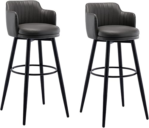 Miniatura 8 de Juego de 2 taburetes de bar giratorios modernos con Brazos, asientos de cuero napa, patas de metal negro y reposapiés, sillas de isla de cocina de