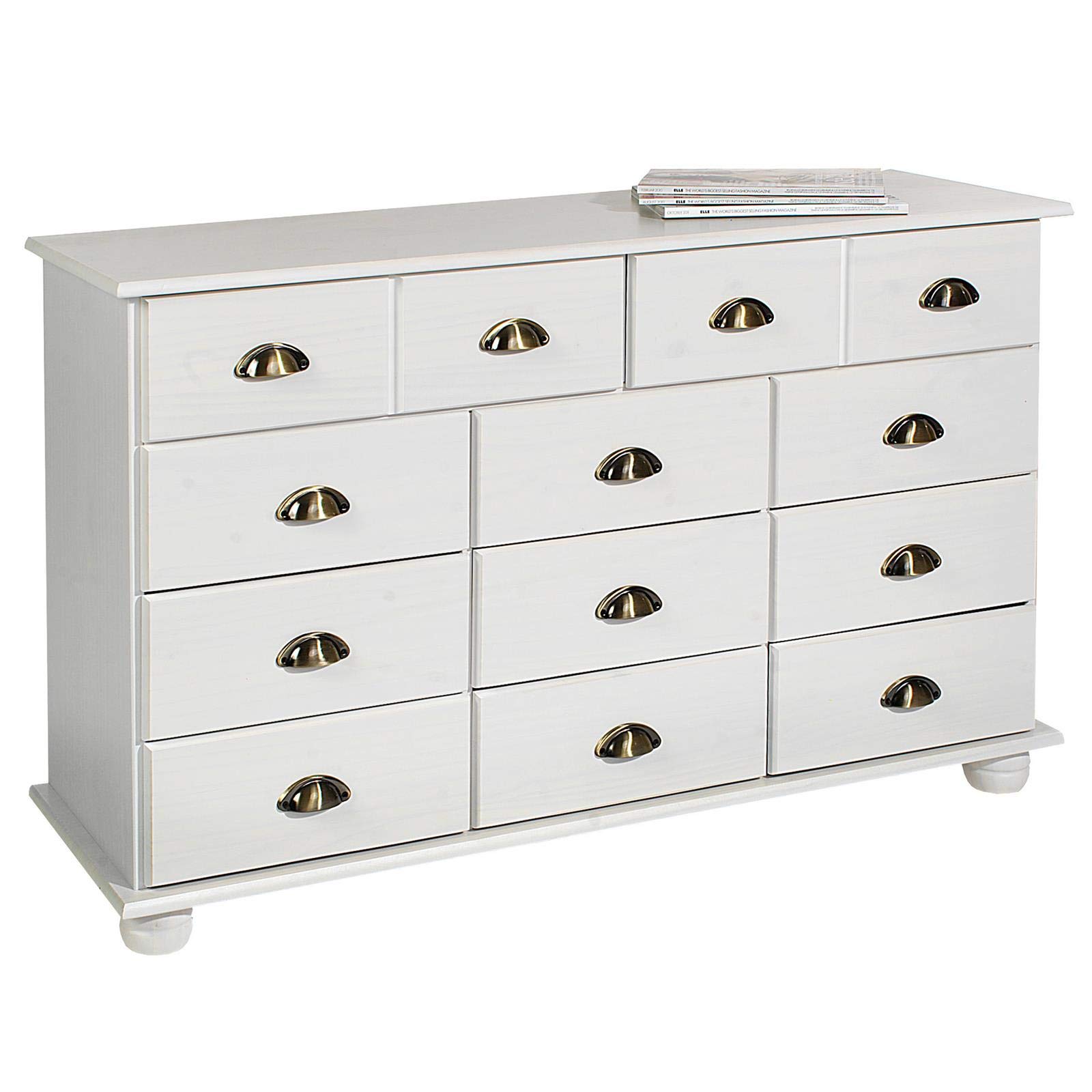 IDIMEX Schubladenschrank Colmar, Weiß - Apothekerkommode mit Muschelgriffen aus Metall. 11 Schubladen, Sideboard im Landhausstil, Kiefer Massivholz