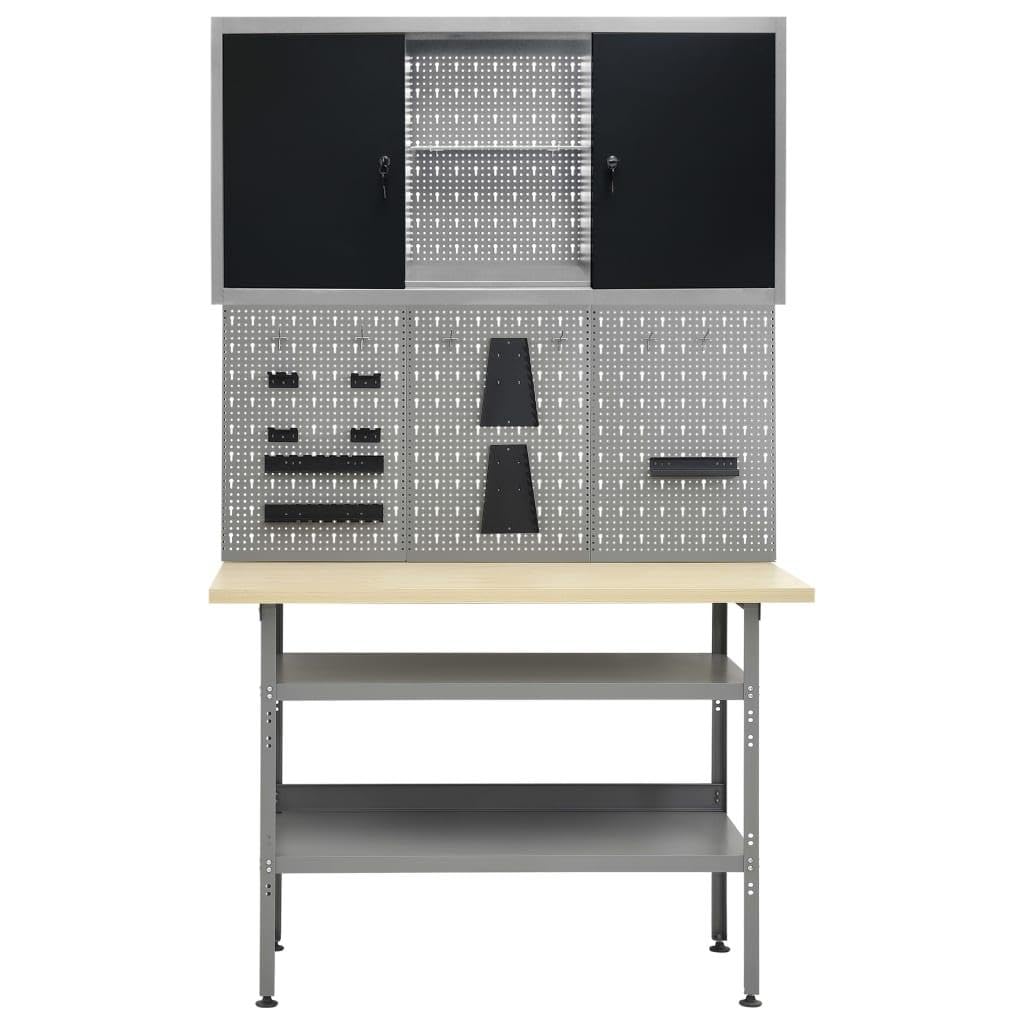 Banco da lavoro 120 cm con 3 pannelli da parete e 1 armadio Laboratorio tavolo da lavoro, grigio nero 02_0003659