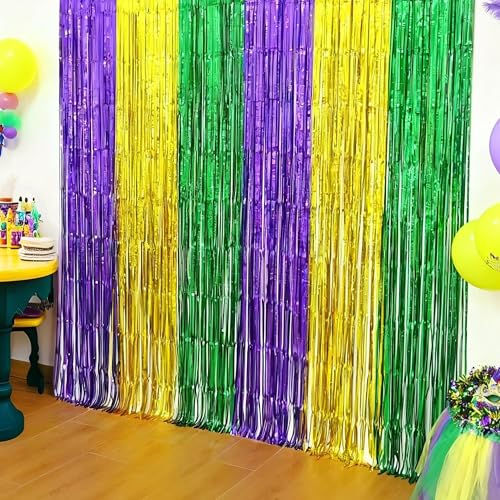 Mardi Gras Decorations - Green Gold Purple Streamers Backdrop Banner | Mardi Gras Party Decorations Indoor Outdoor Outside - New Orleans Masquerade Party Photo Booth Favors Supplies for Home Wall
