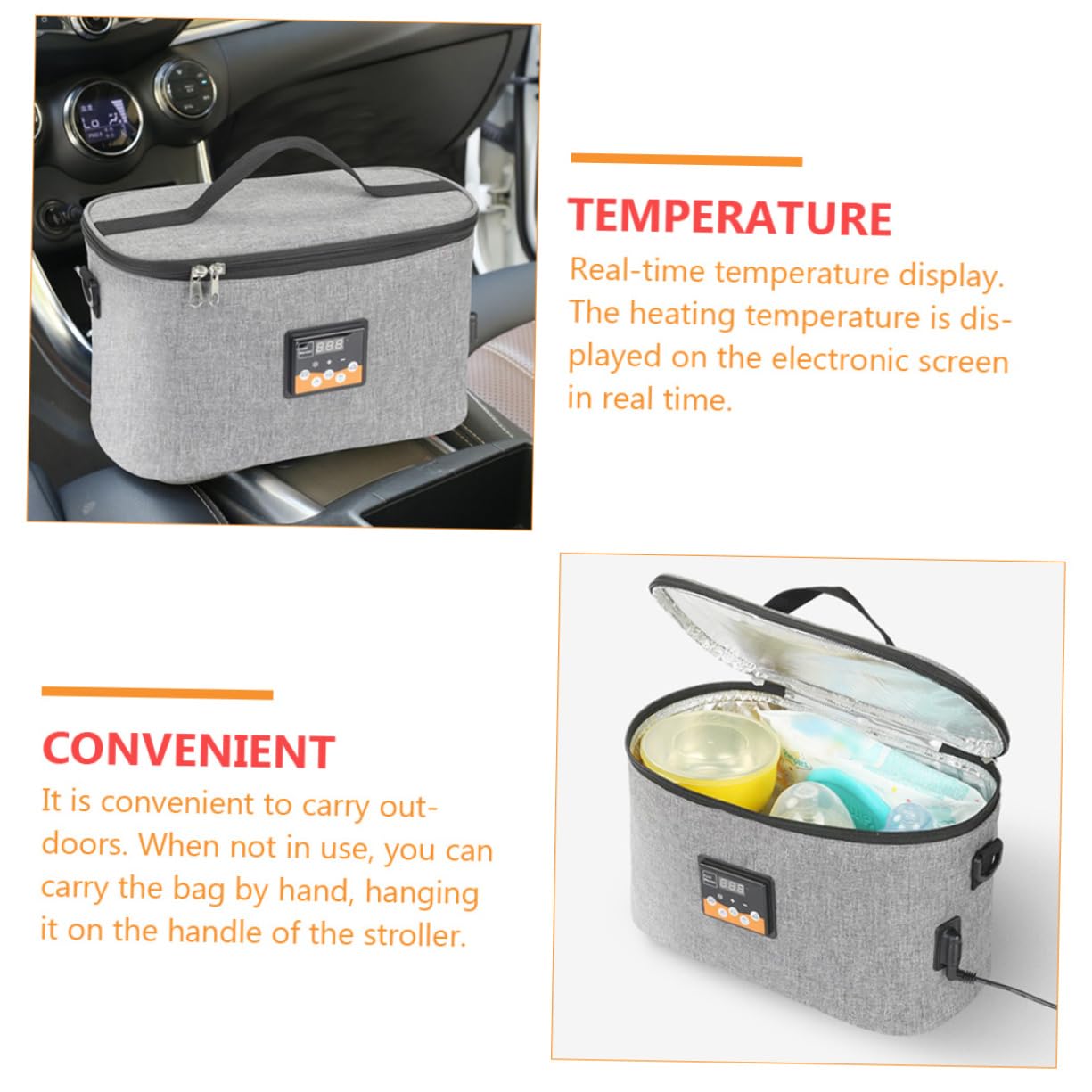 Auto Babyflaschenwärmer Tasche 8l aus Oxfordstoff für Unterwegs | Lcd Temperaturanzeige, Dc 12v Ladeadapter, Tragegurt und Haken für Kinderwagen
