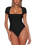 Womens Sexy Square Neck Double Lined Shirt Stretchy Basic Short Sleeve Going Out Thong Bodysuit Tops