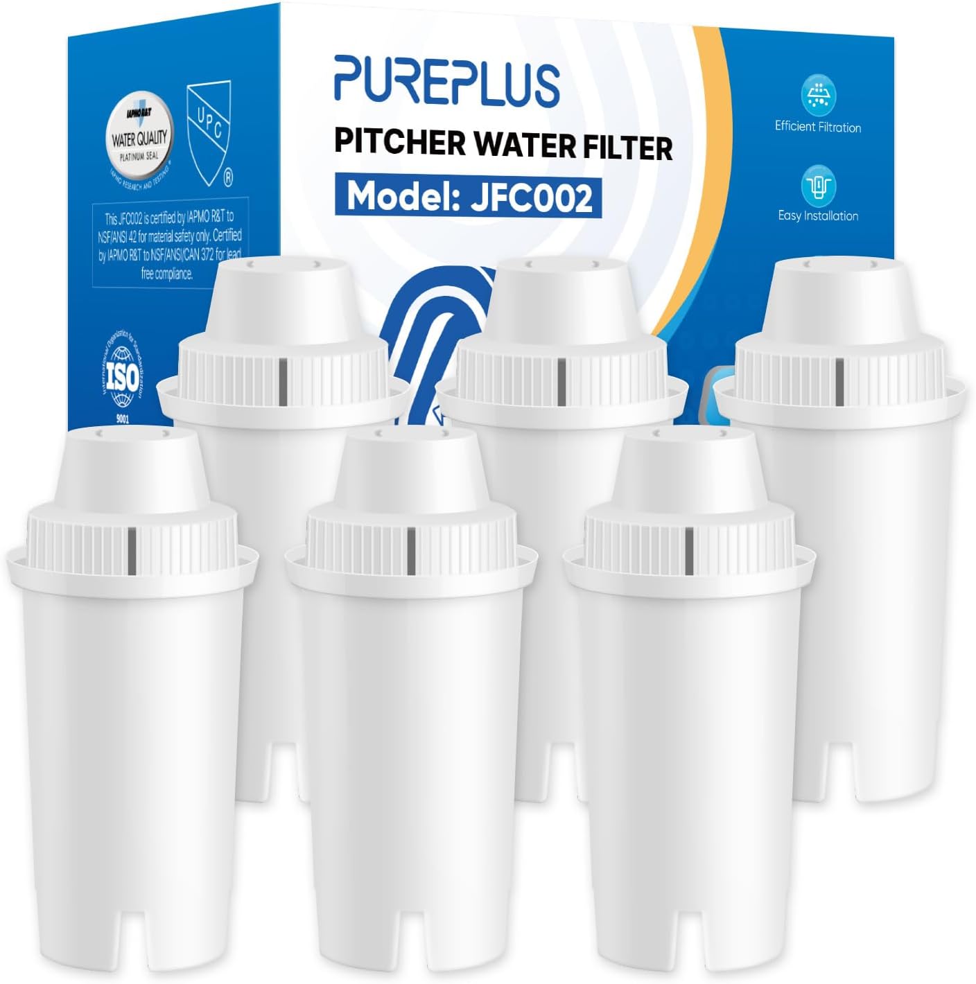 PUREPLUS NSF Certified Pitcher Water Filter, Replacement for Brita® Pitchers and Dispensers, Compatible with standard Mavea® 107007, Classic 35557, OB03, and more (Pack Of 6)