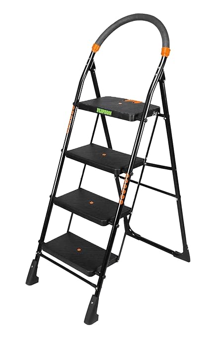 FLIPZON Premium Heavy Foldable Cameo 4 Steps Ladder with Wide Steps & Anti-Skid Shoes (Make in India) - Iron Body, Plastic Steps - Black