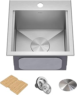 Kraus KWT321-15-316 Kore Outdoor Workstation Drop-In 16 Gauge Marine Grade T-316 Stainless Steel Square Single Bowl Kitchen Bar Sink with Accessories, 15 x 15 Inch