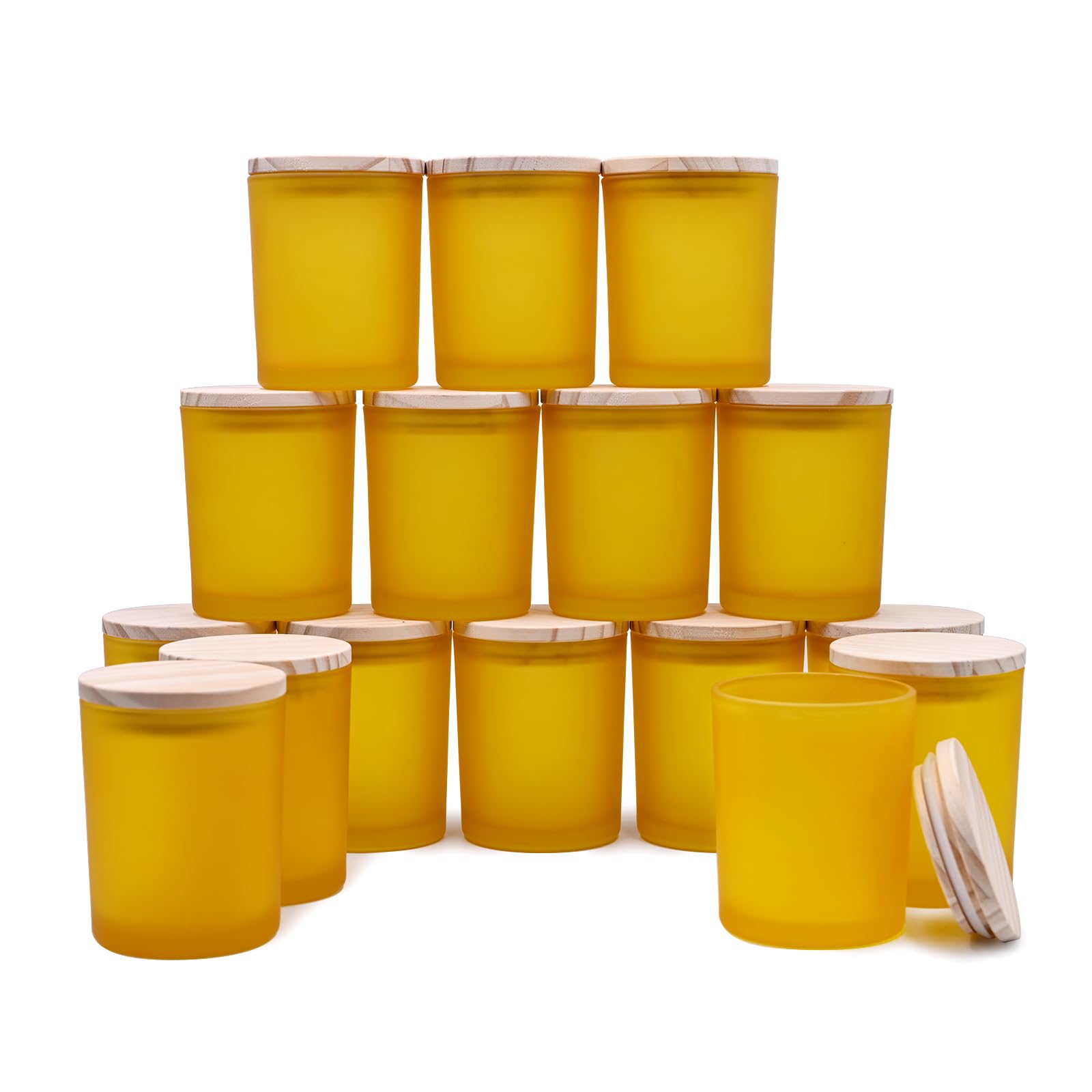 SHOWIN Thick Candle Jars for Making Candles 16 Pcs, 7 OZ Empty Jars with Wood Lids for Candle Making, Sample Container, Frosted Yellow