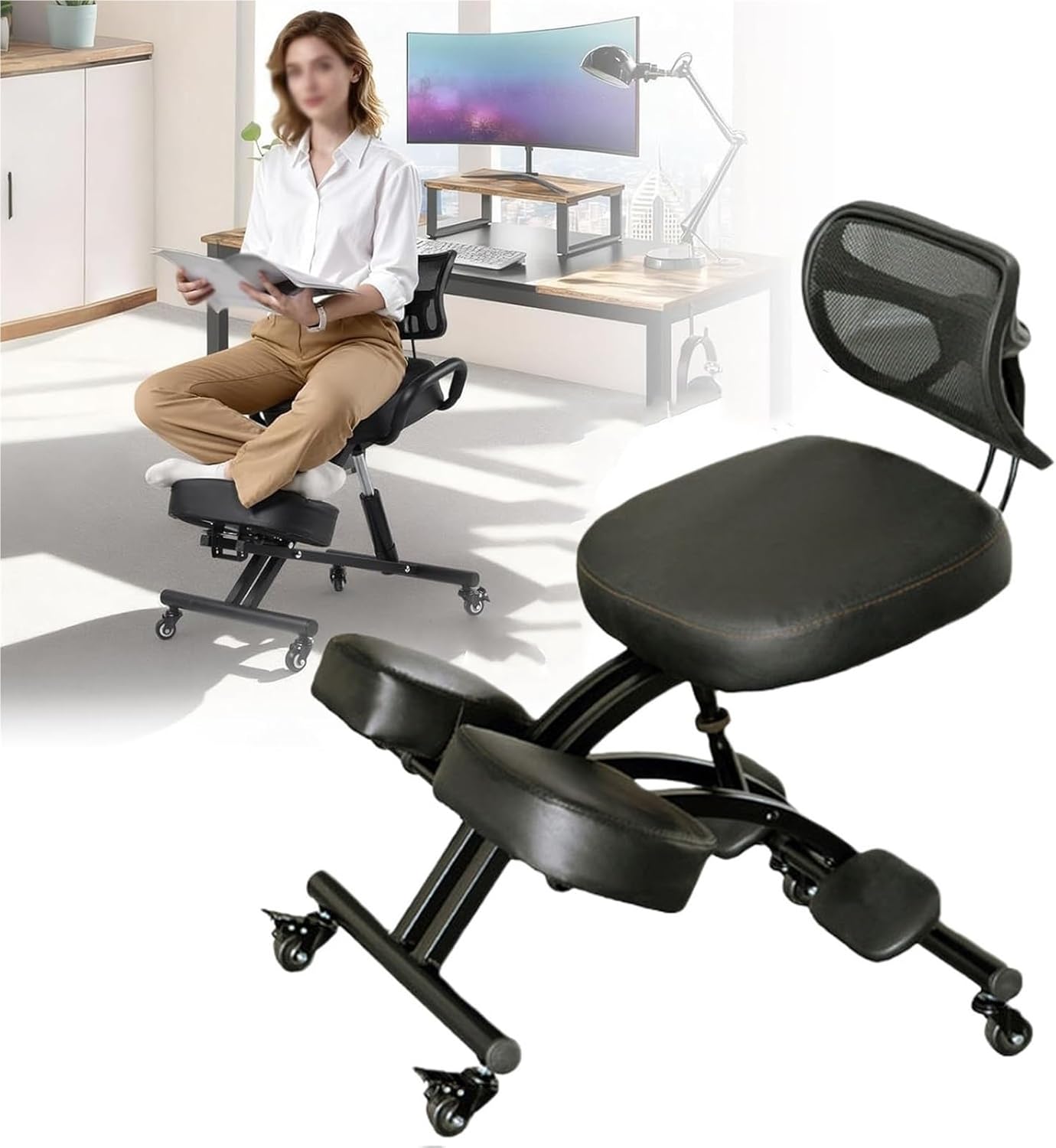 Ergonomic Kneeling Chair with Adjustable Back Support & Wheels, Posture Correction Desk Chair for Home Office to Relieve Back Pain