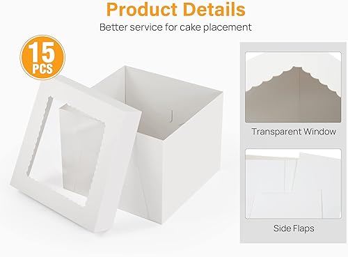 Miniatura 3 de Kootek 15 cajas para tartas, caja de pastel de 10 x 10 x 8 pulgadas de alto con ventana, cajas blancas de panadería, cajas grandes para hornear