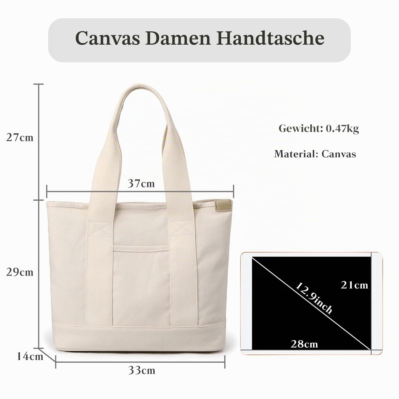 CORIOS Damen Henkeltaschen Canvas Tragetasche Große Kapazität Handtasche Multifunktionale Schultertasche Casual Tote Beutel Henkeltasche für Arbeit Schule Reise Shopper Weiß