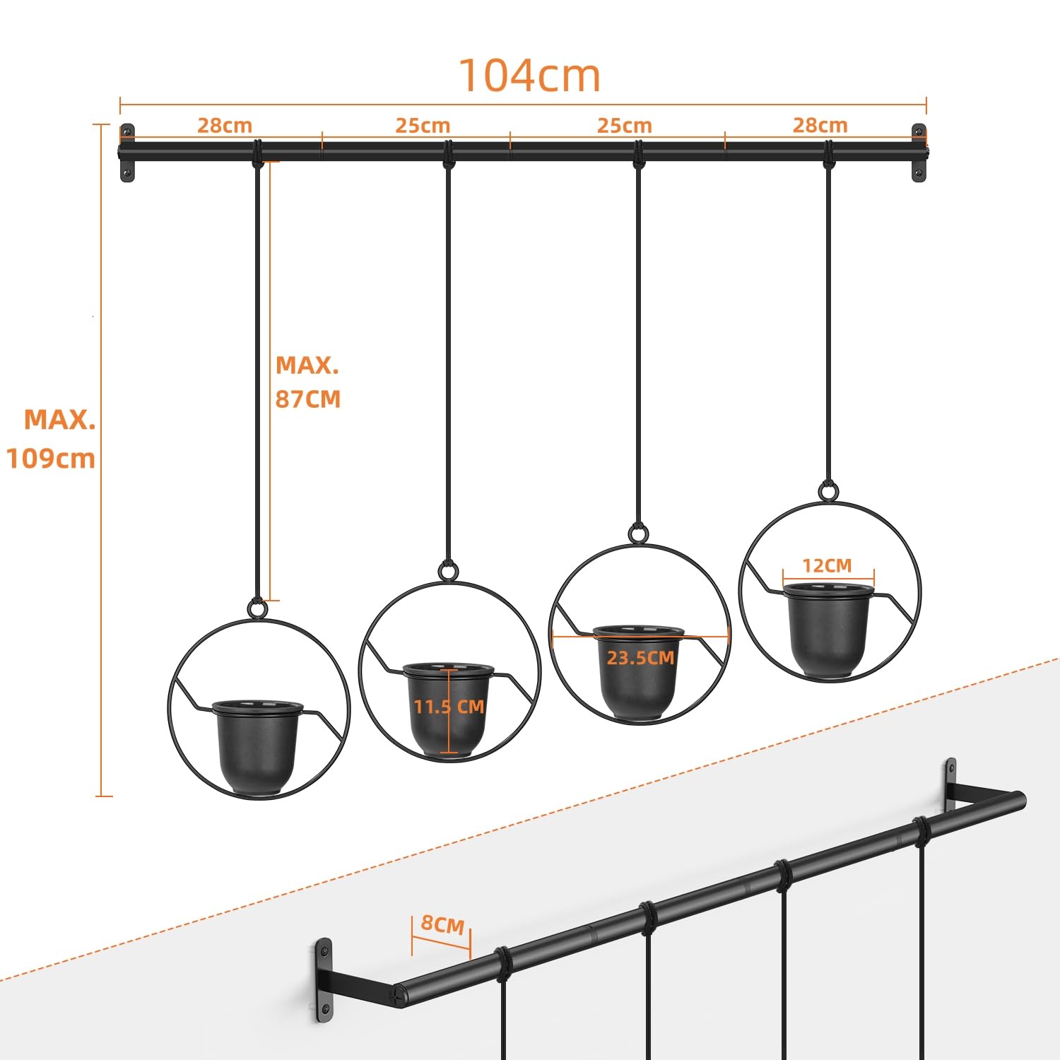 Bomclap Lot de 4 pots de fleurs suspendus ronds avec pot de fleurs en mélamine pour intérieur, extérieur, jardin, balcon, pots de fleurs suspendus pour plantes murales et plafonds, noir