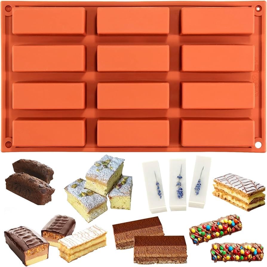 Image of Moldberry Silicone Protein Bar Mold - 12 Cavity Medium Narrow Rectangle Energy Bar Maker for Caramel, Muffins, Brownies, Cornbread, Cheesecake, Soap, Butter - Non-Stick Bakeware Mould (1 Pack)
