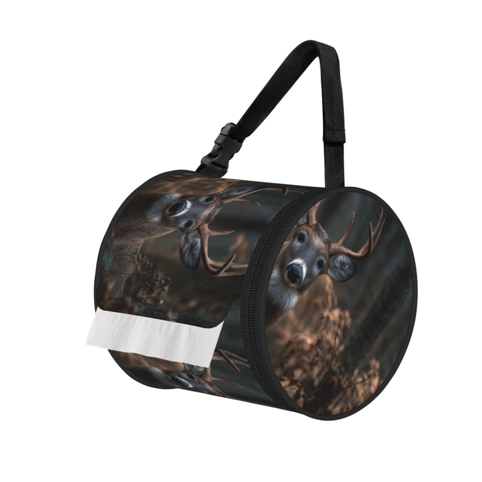 Free Whitetail Deer Printed Cylindrical Tissue Bag Portable Oxford Cloth, Foldable Travel Tissue Holder With Zipper And Adjustable Belt