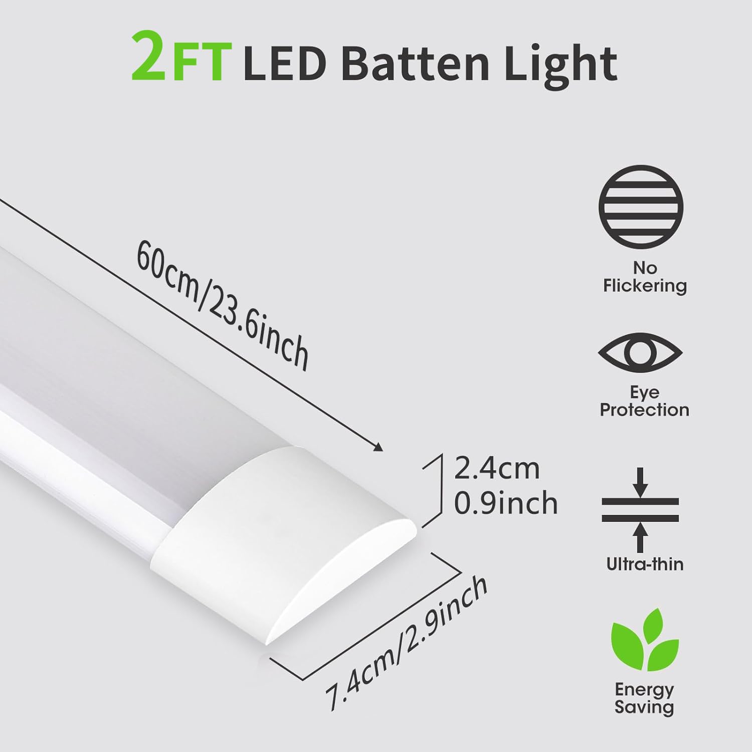 HUMIGA 2 Pack 2FT LED Batten Light, 20W 1800LM Slim Profile Wide Tube Lighting for Ceiling of Indoor Home Garage Shop Office - Image 2