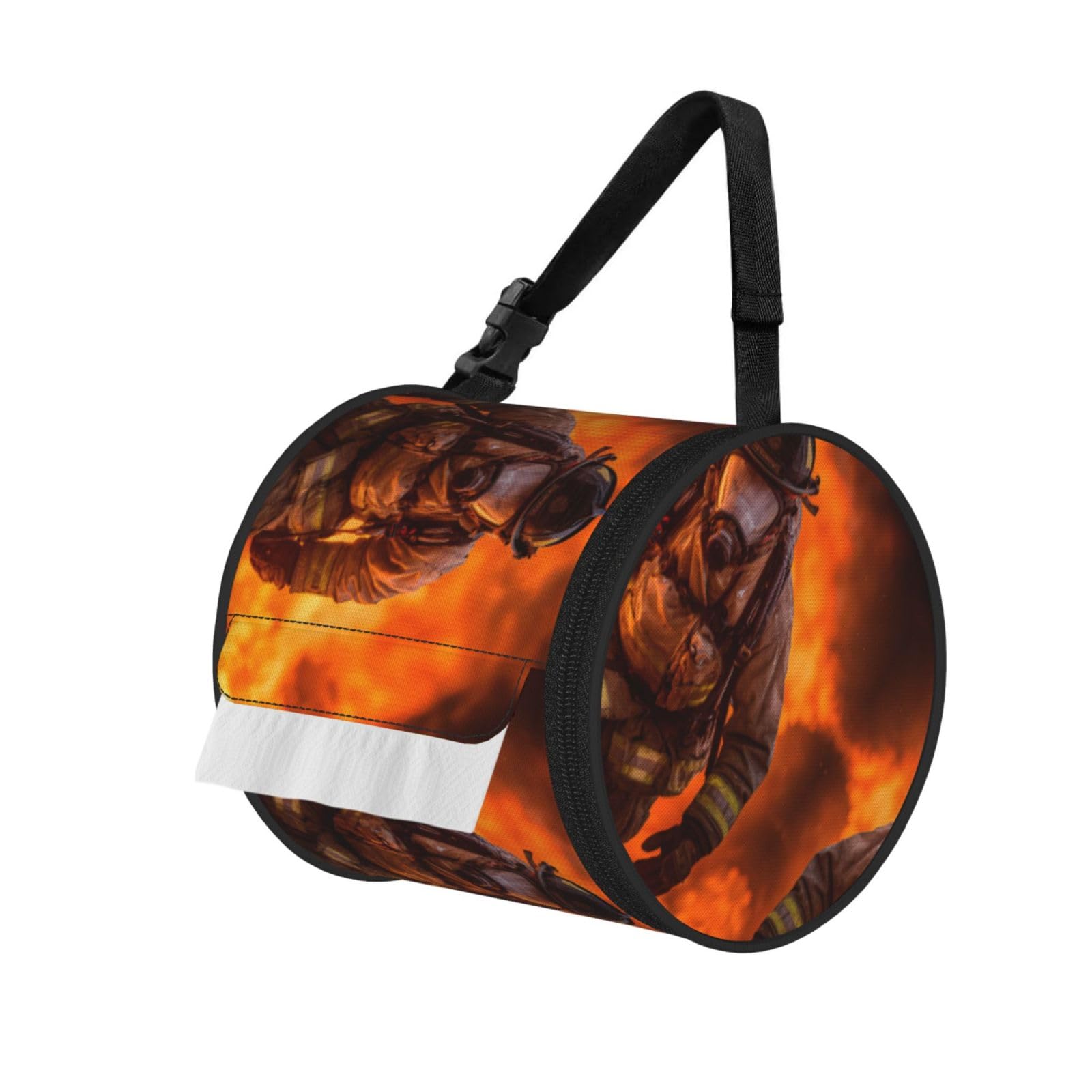 Firefighter Fireman Flame Printed Cylindrical Tissue Bag Portable Oxford Cloth, Foldable Travel Tissue Holder With Zipper And Adjustable Belt