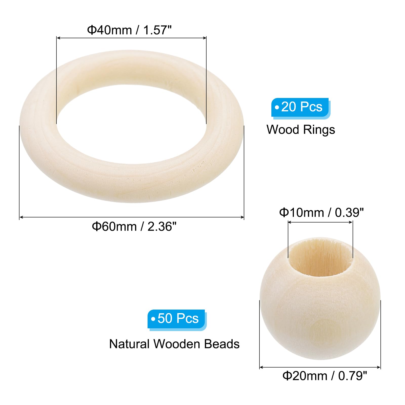 PATIKIL Natural Wood Rings and Unfinished Wooden Beads Set - Image 2