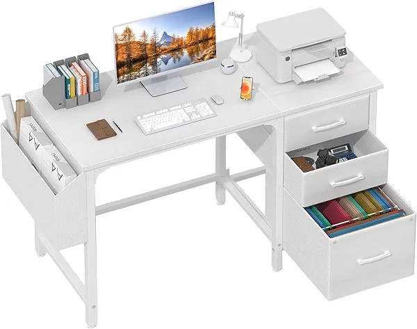 Lufeiya White Desk with Fabric File Drawers Cabinet, 47 Inch Reversible Computer Desk with Filing Cabinet for Bedroom Small Space Home Office, Modern Writing Table PC Desks, White