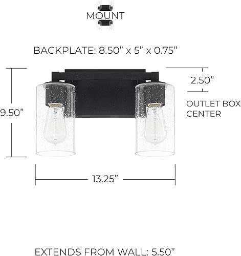 Miniatura 3 de Capital Lighting 119821BI-435 Ravenwood - Soporte de pared para tocador de baño de vidrio transparente con semillas, 2 luces, 200 vatios en total,