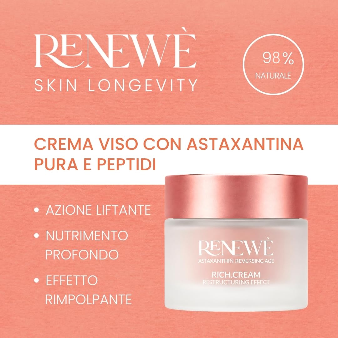 RICH.CREAM Crema Viso Nutriente Antiage Antiossidante con Astaxantina Pura, Collagene Vegetale, Vitamina C ed E per Pelle Secca o Matura - 50 ml