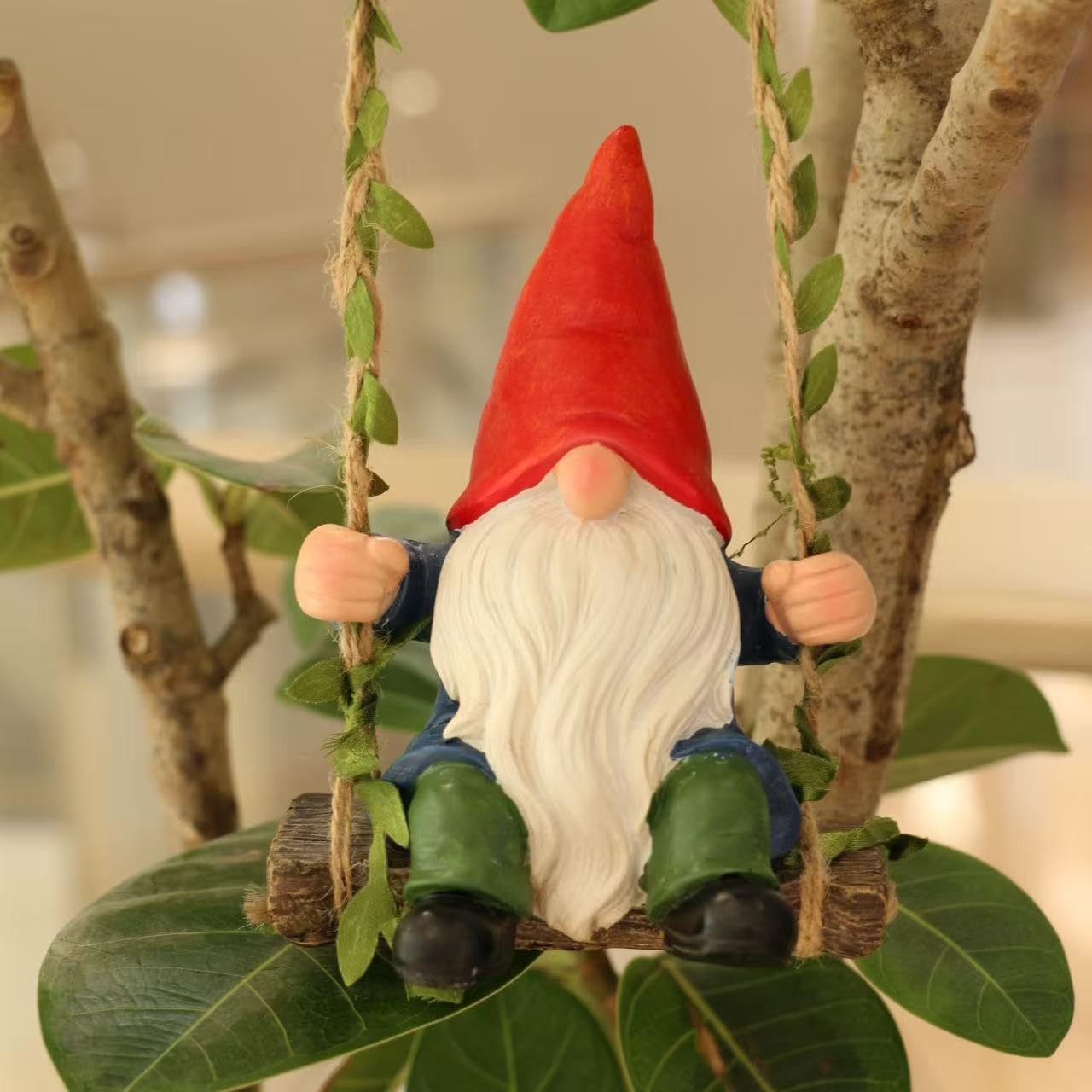 Garden Gnomes Outdoor Statue,Garden Gnome on Swing, Gnomes Decorations for Lawn Yard, Indoor and Outdoor Gnome Ornament for Christmas Tree Decor Halloween New Year. (Swing Gnome) - Image 4