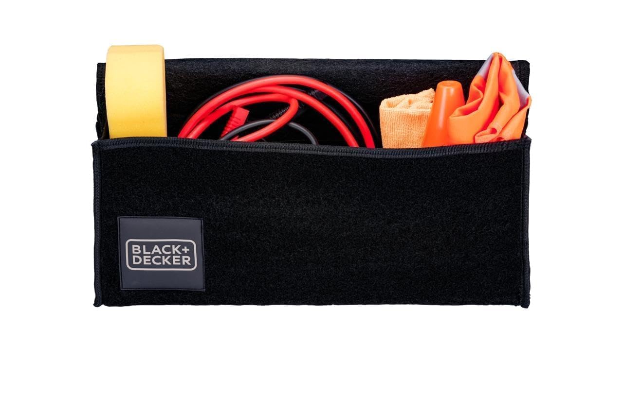 Black+Decker Organizador Maletero Coche - Organizador Coche 55 x 15 x 23 CM - Caja Plegable con 1 Compartimento Grande y 2 Bolsillos Deslizantes - Accesorios Coche y Compras - Con Velcro - Negro