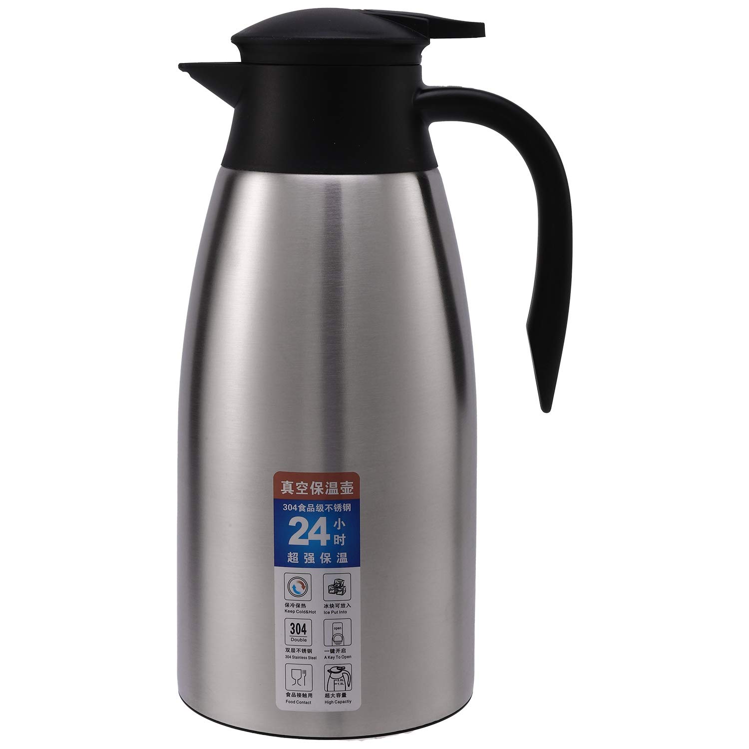Vaorwne Silver 304 Steel 2L Thermal Flask Vacuum Insulated Water Pot Coffee Tea Milk Jug Thermal Pitcher for Home and Office