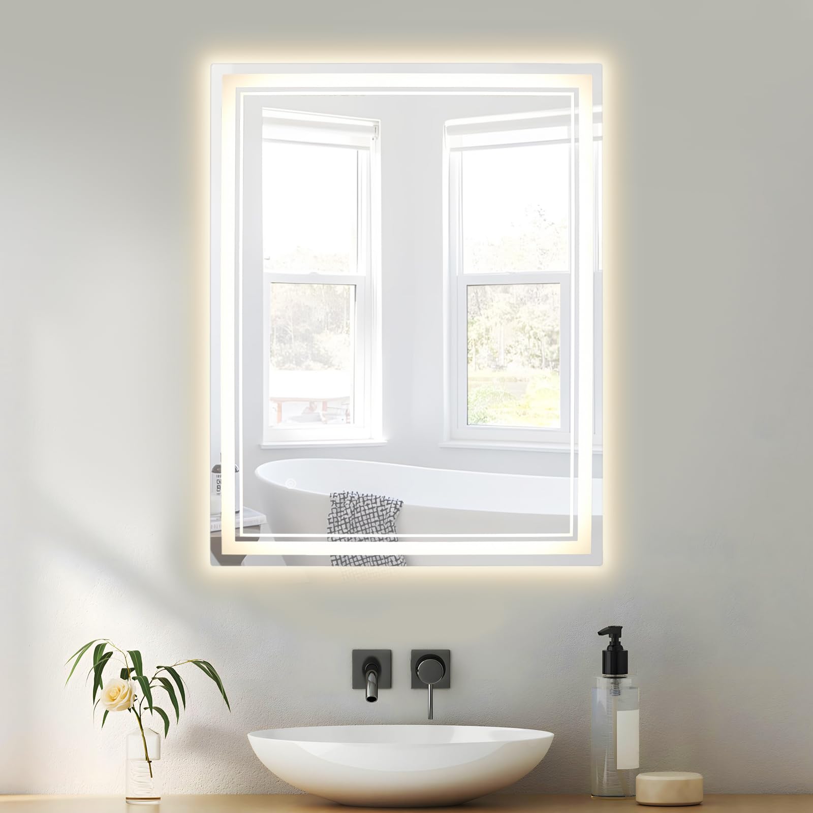 Specchio da bagno a LED con illuminazione, 90 x 70 cm, 3 colori chiari/dimmerabile