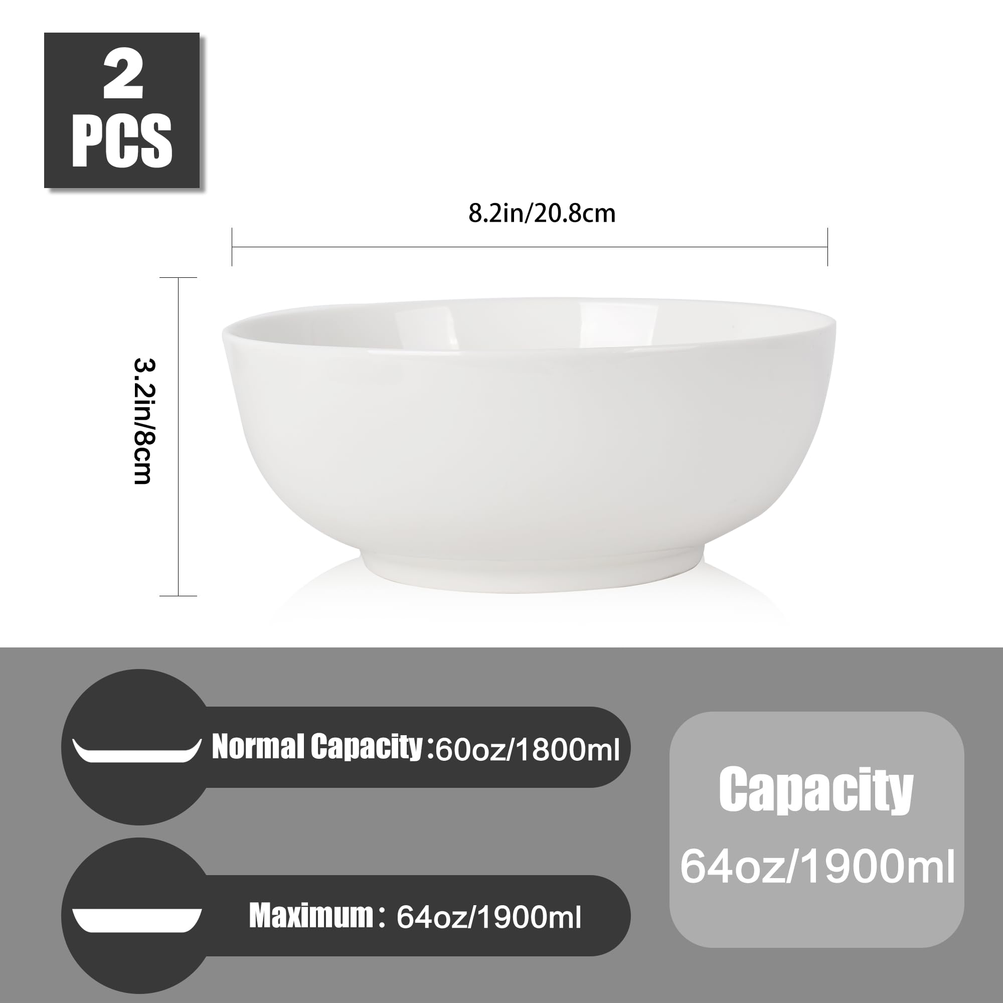 Set Da 2 Ciotole In Ceramica Bianca 1134g Per Cereali, Zuppa E Pasta - Lavabili In Lavastoviglie E Microonde, Impiabili