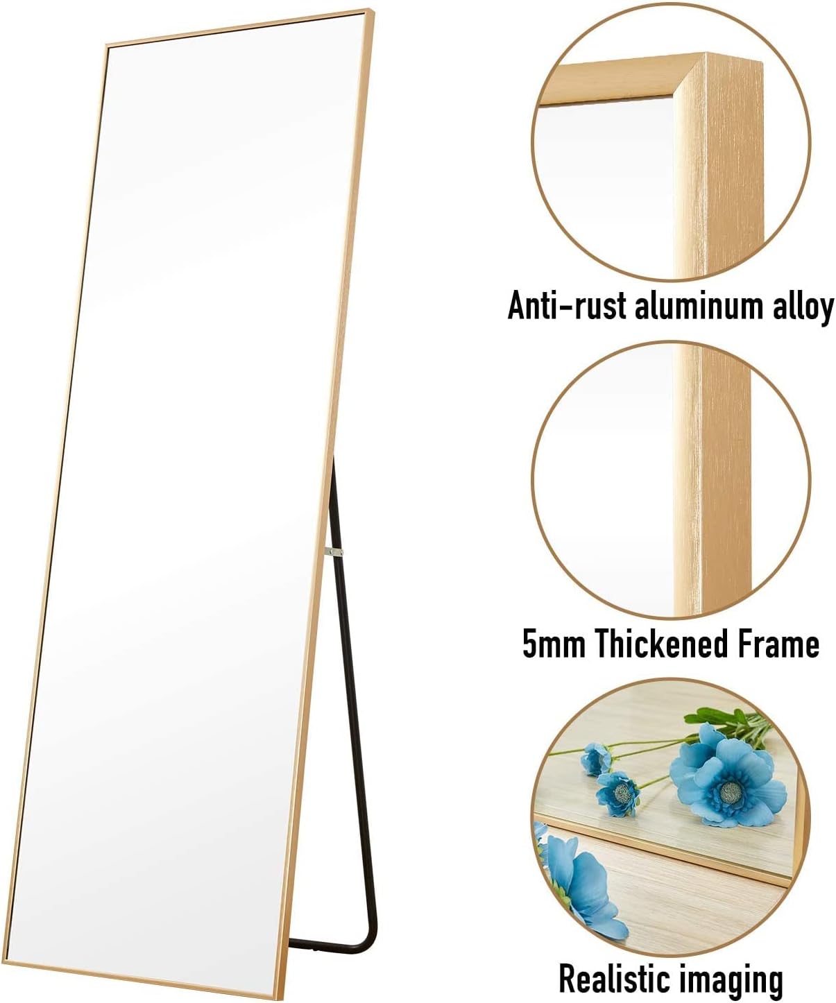 Aluminum Alloy Thickened Frame-65 x22“, Full Length Mirror, Floor Mirror, Standing Mirror, Full Body Mirror, Large Mirror, Floor Length Mirror, Wall Mirror, Gold Mirror, Gold Aluminum Frame.