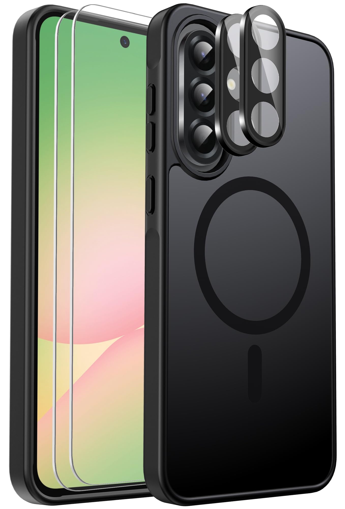 Ezanmull for Samsung Galaxy A56 5G Phone Case Magnetic Shockproof, [Fit for MagSafe] [Glass Screen Protector + Camera Lens Protector] Translucent Anti-Fingerprint (Black)