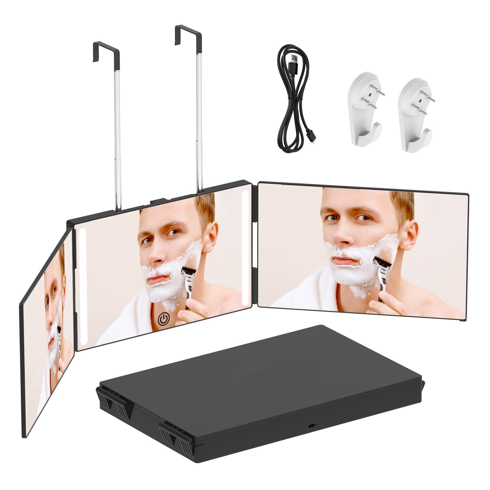 Jacgood Espejo de 360 grados con luz, espejo plegable de 3 piezas, corte automático, altura ajustable y recargable, espejo de afeitar, espejo de peluquería para maquillaje, afeitarse, peinar