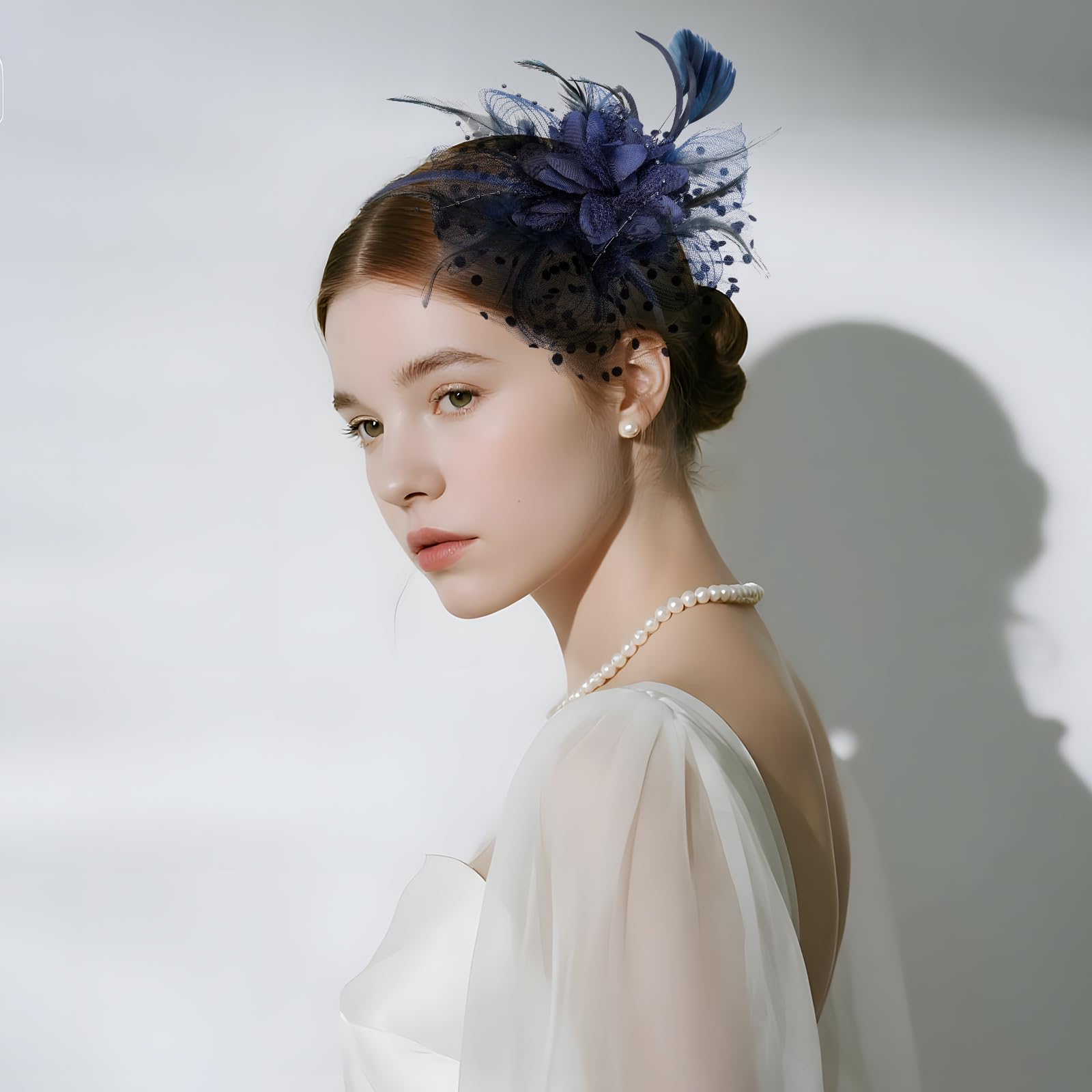 Viiotu Elegant Womens Wedding Fascinator Hat, Feather Mesh Flower Headpiece with Headband & Hair Clip - Image 2