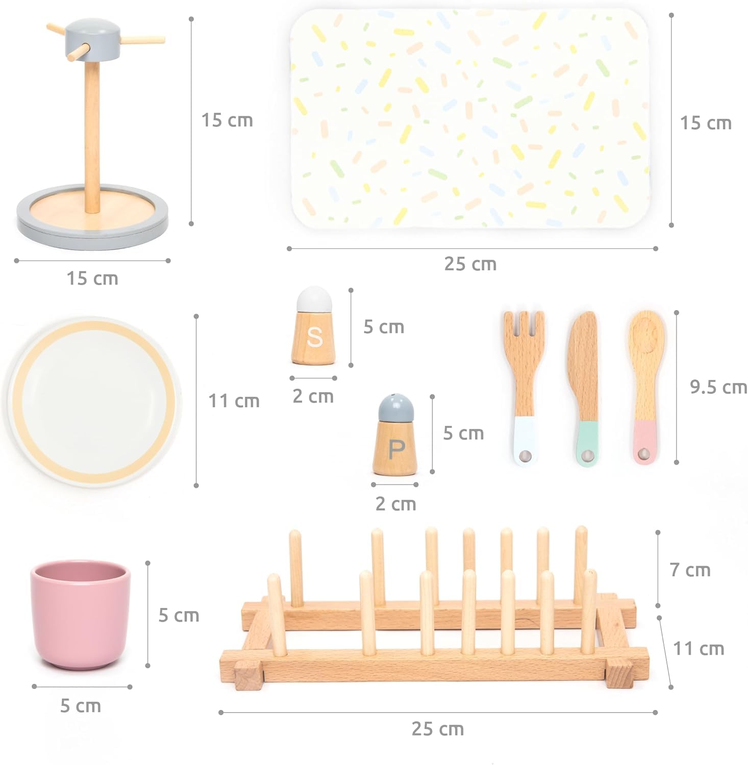 ® Juego de platos grandes de madera – Vajilla de 28 piezas para la cocina de juego de niños con platos, vasos, cubiertos y tendedero – Accesorios de cocina de juego de simulación para niños de 3 4 2