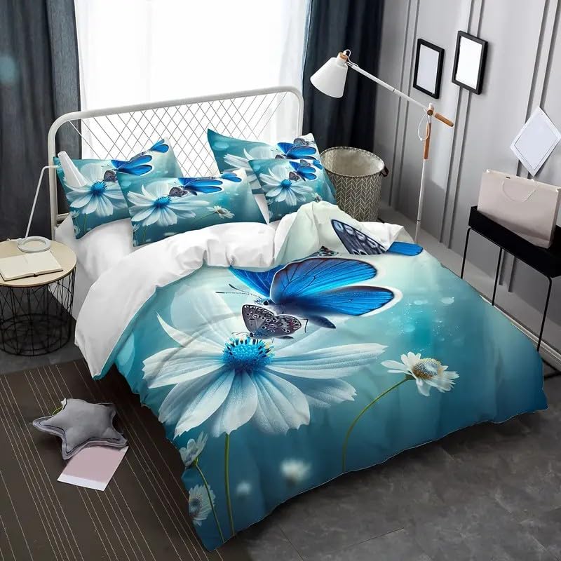 Housse de couette 140x200 papillon parure de lit fleur douce microfibre avec fermeture eclair - 2