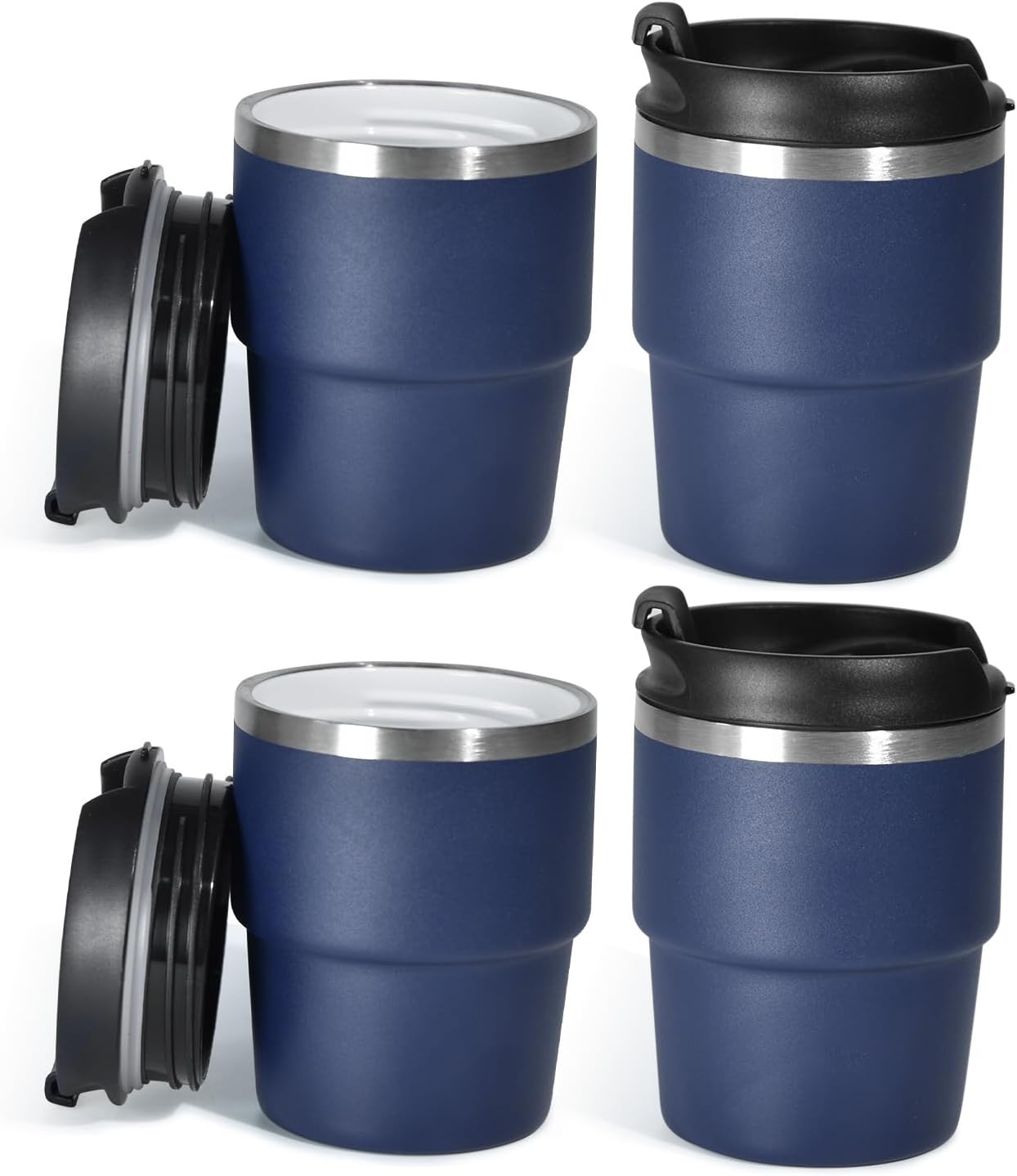 6 oz Espresso Cup, Ceramic-Lined 18/8 Stainless Steel Coffee Cup With lid for Espresso Machine, Reusable & Stackable Double-Wall Vacuum Insulated Tea Cups, Dishwasher Safe, 4 Pack-Navy