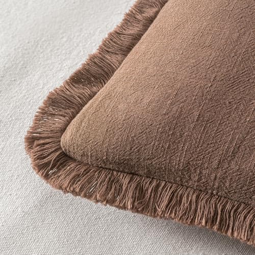Image of MIULEE Decorative Throw Pillow Covers Neutral Linen Fringe Throw Pillows Set of 2 Dark Coffee Boho Farmhouse Cushion Covers with Tassels for Couch Sofa Bed Living Room Fall Home Decor 20x20 Inch