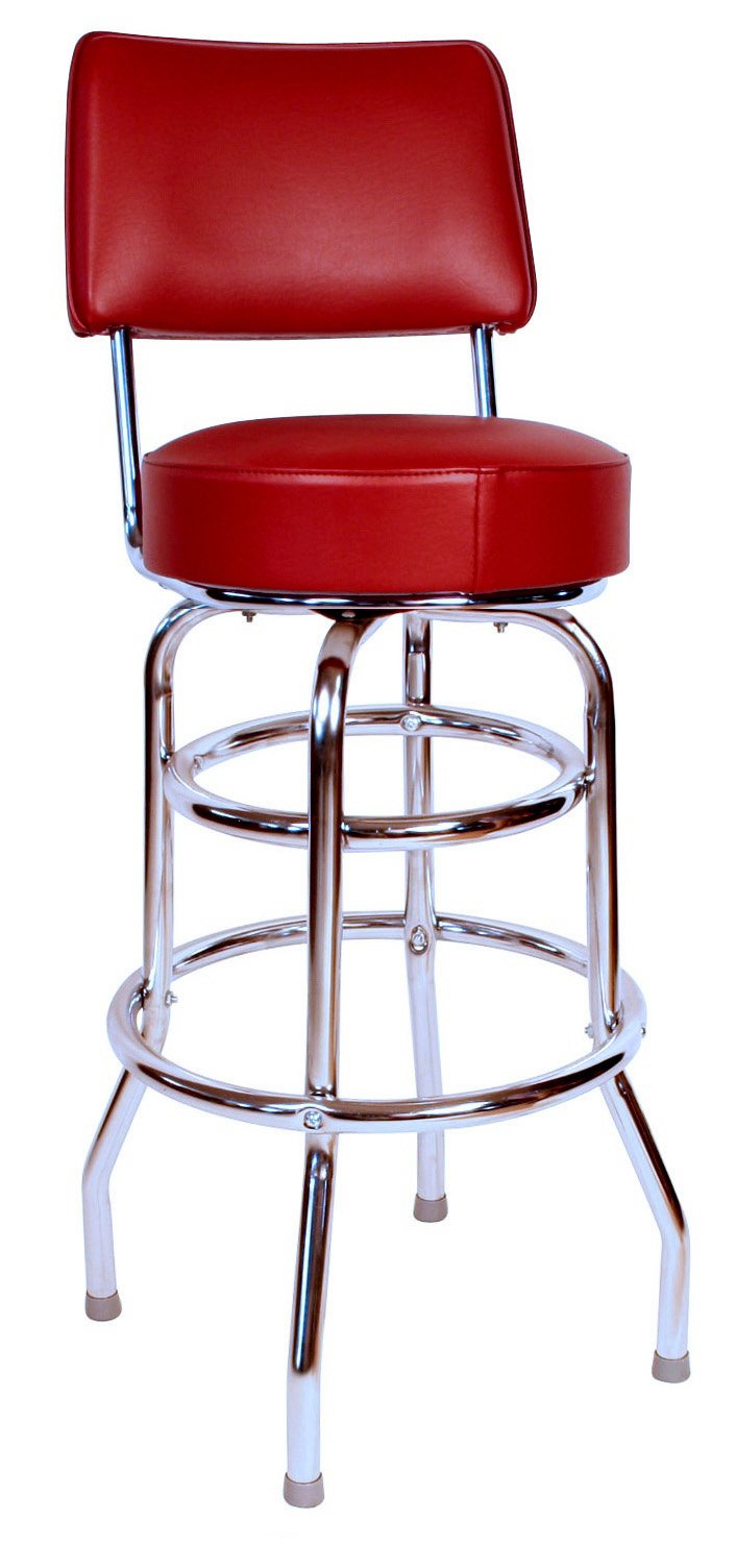 Double Ring Swivel Bar Stool with Back Chrome Frame and Seat, Wine, 30"