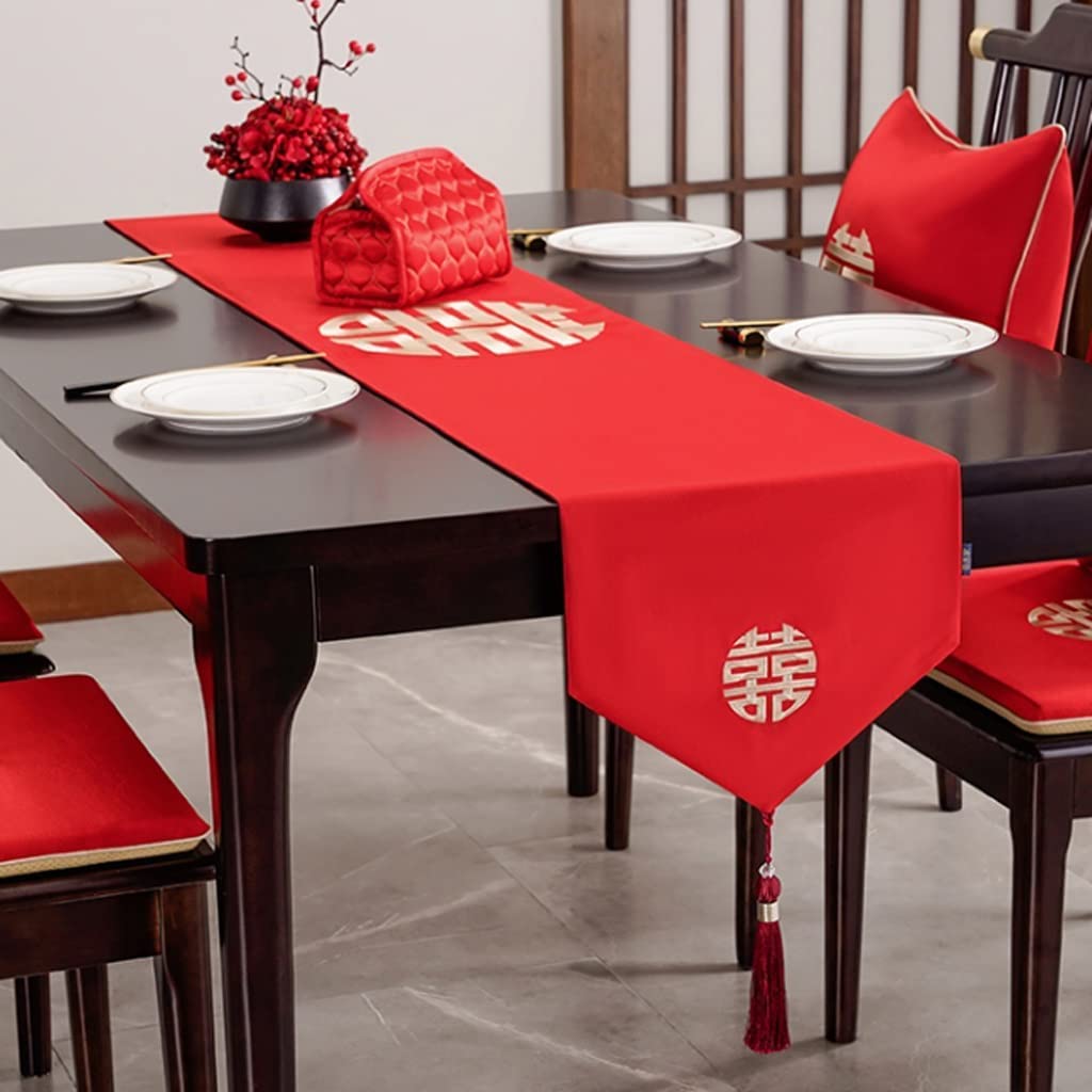 Landhausstil Tischläufer Küche Bestickter Tischläufer Rot Hochzeitstischläufer Festlich Wort Teetisch Tischdecke TV Thekentuch Tabletop Dekor(33X80CM)