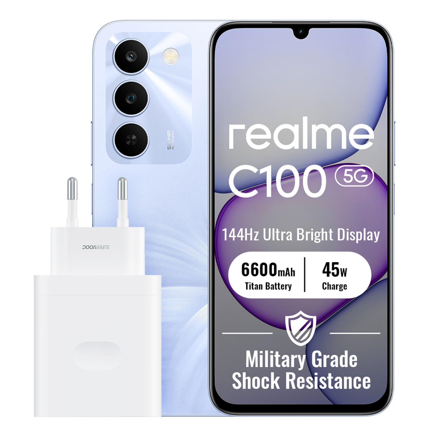 realme C100 5G Smartphone 4+128GB, Purple | Batteria 6600mAh, Ricarica Ultra Rapida 45W, Display LCD 6,8 pollici, 144Hz, Fotocamera AI 50MP, MediaTek Dimensity 6300,IP64